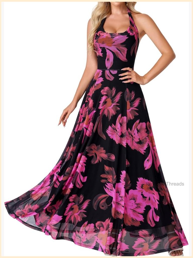 Floral Halter Cowl Neck Maxi Dress Flowy A-Line Mesh Formal Wedding Guest